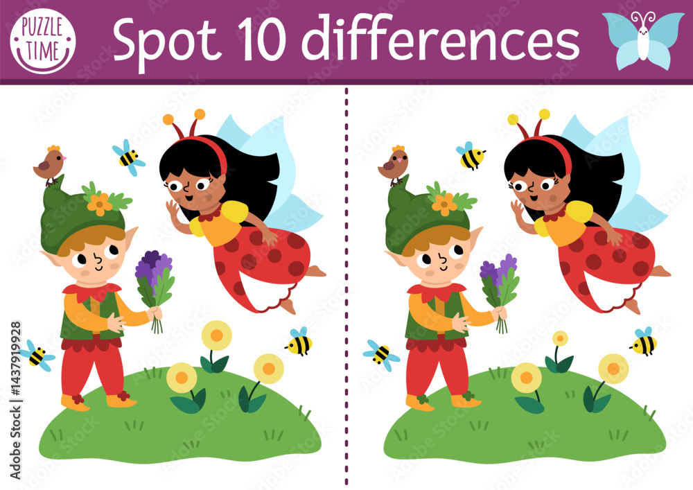 Fototapeta premium Find differences game for children. Fairyland educational activity with cute fairy bug and elf. Magic forest puzzle for kids. Fairytale printable worksheet, page with fantasy girl and boy