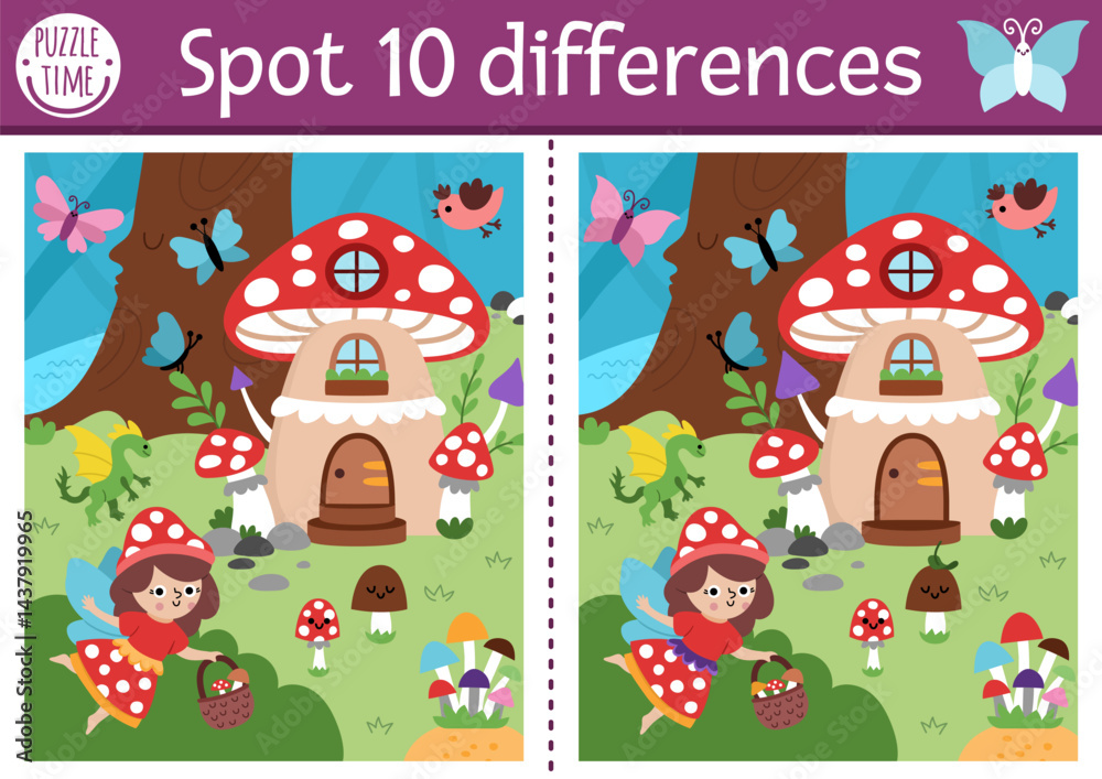 Fototapeta premium Find differences game for children. Fairyland educational activity with landscape with mushroom fairy and house. Magic forest puzzle for kids. Fairytale printable worksheet, page with fantasy girl