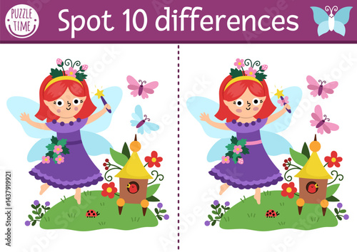 Find differences game for children. Fairyland educational activity with cute berry fairy on a meadow. Magic forest puzzle for kids. Fairytale printable worksheet, page with fantasy girl