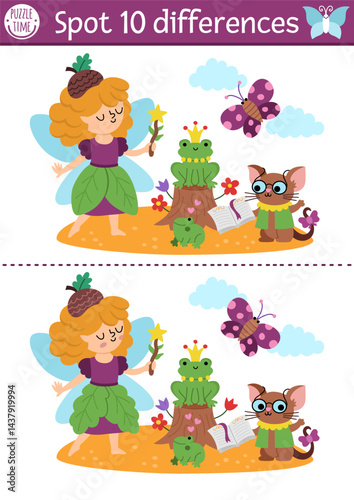 Find differences game for children. Fairyland educational activity with cute acorn fairy, frog prince, mouse wizard. Magic forest puzzle for kid. Fairytale printable worksheet, page with fantasy girl