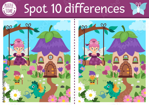 Find differences game for children. Fairyland educational activity with landscape with flower fairy and house. Magic forest puzzle for kids. Fairytale printable worksheet, page with fantasy girl
