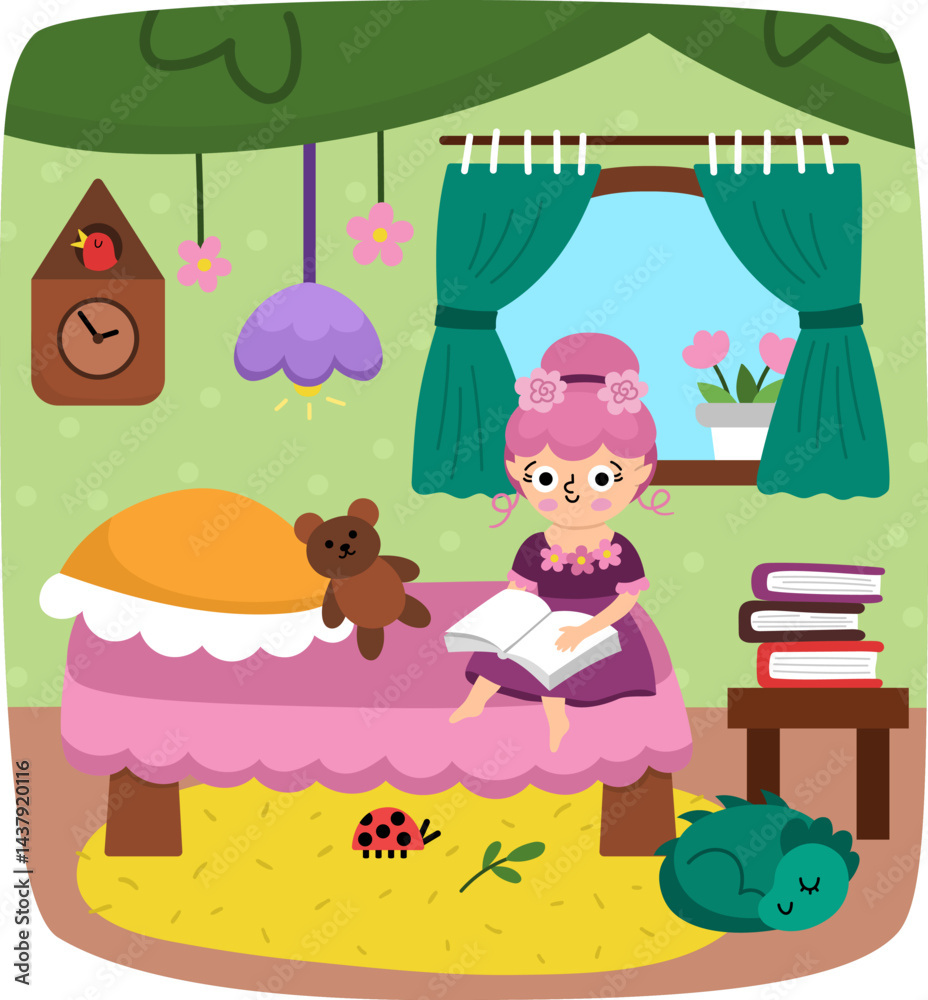Fototapeta premium Vector scene with fairy reading book on a bed in bedroom. Funny composition with girls. Cute scenery with magic princess in cozy tree house. Fantasy scene illustration. Fairytale picture for kid