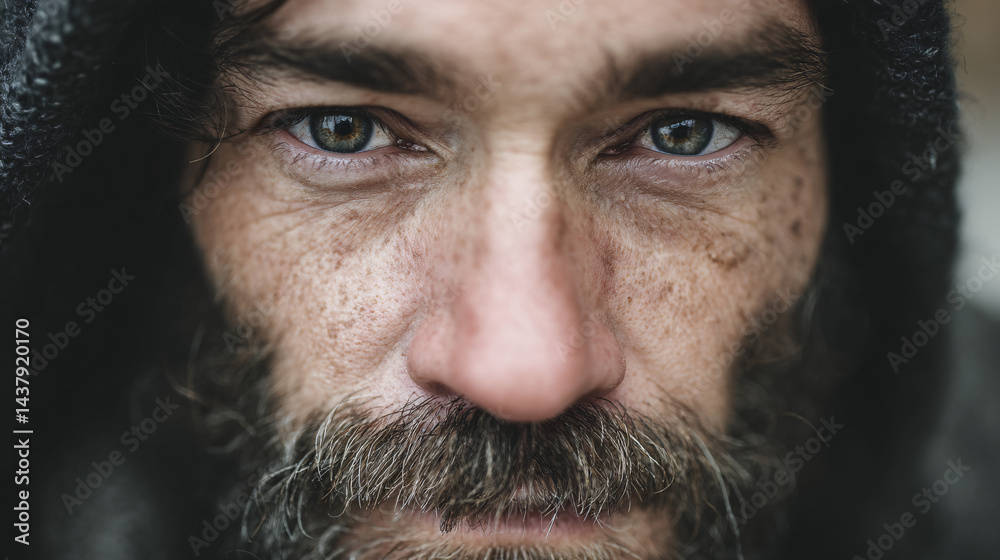 Obraz premium closeup portrait of middle aged man with full beard captured against neutral background, serious introspective expression emphasizing natural facial features emotional depth authenticity and character