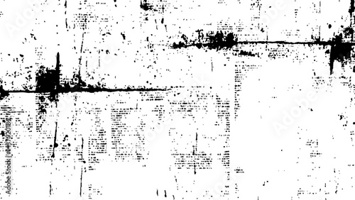 Newspaper with old grunge vintage unreadable paper texture background. Vector white and black newspaper paper grunge vintage old aged texture with fragments of newspaper text transparent background.
