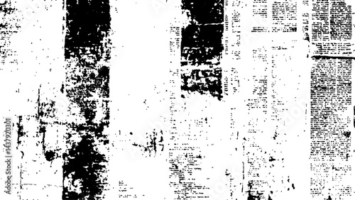 Newspaper with old grunge vintage unreadable paper texture background. Vector white and black newspaper paper grunge vintage old aged texture with fragments of newspaper text transparent background.