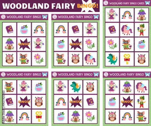 Vector fairyland bingo cards set. Fun family lotto board game with cute fairy for kids. Magic forest lottery activity. Simple educational printable worksheet with dwarf, elf, rainbow, unicorn