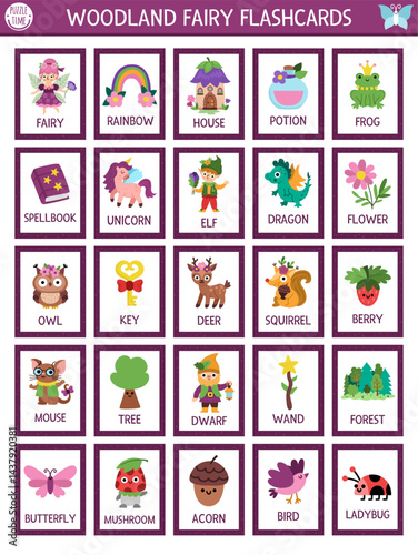 Vector fairyland flash cards set with fairy, rainbow, house, dwarf, elf, dragon, potion. English language game for kid. Magic woods flashcards. Fairytale forest nature educational printable worksheet