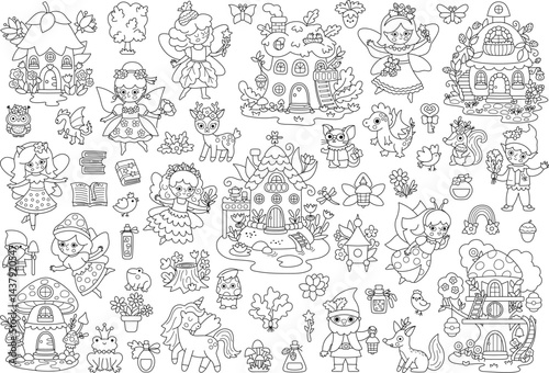 Vector black and white fairy clipart set. Cute icons of little girls with wings. Woodland princess line collection. Fantasy forest animal illustrations. Magic garden coloring page with elf, dwarf