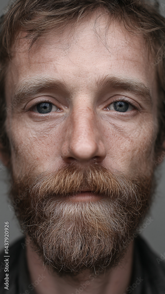 closeup portrait of middle aged man with full beard captured against neutral background, serious introspective expression emphasizing natural facial features emotional depth authenticity and character closeup portrait of middle aged man with full beard captured against neutral background, serious introspective expression emphasizing natural facial features emotional depth authenticity and character
