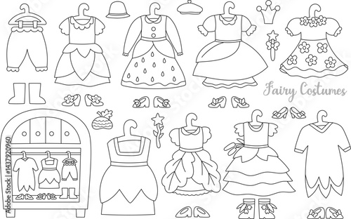 Vector black and white fairy wardrobe clipart set. Cute girl line icons of little girl dresses, shoes, hats, boots. Woodland princess clothes. Fantasy forest fay costume illustrations, coloring page