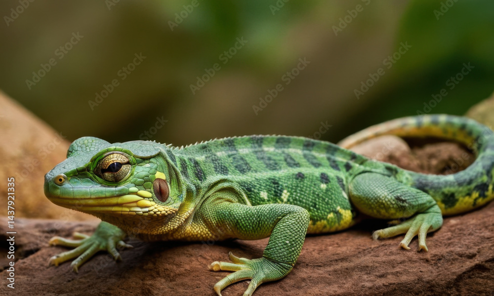 Fototapeta premium A green lizard perched on a rock in a zoo enclosure