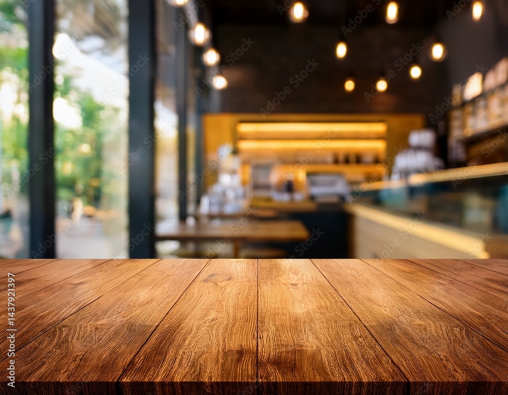 blurred wooden table and coffee shop background with product display blurred wooden table and coffee shop background with product display