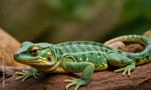 A green lizard perched on a rock in a zoo enclosure