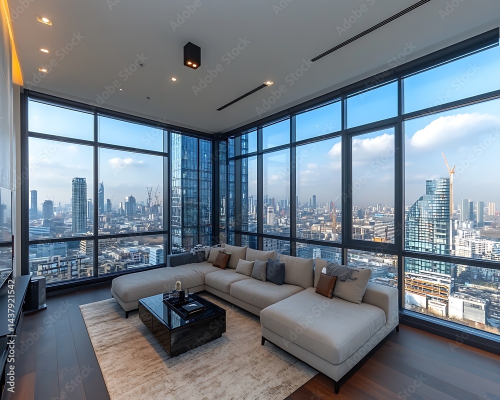 Naklejka premium Panoramic city view from modern living room