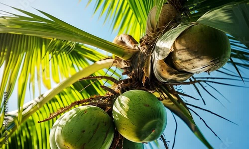 Green coconuts hanging from palm tree in bright sunlight