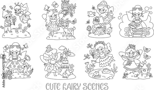 Vector black and white fairy scenes set. Funny line compositions with little girls. Cute scenery coloring page with magic princess, meadow, animal, pond, mushroom. Fantasy scene illustration