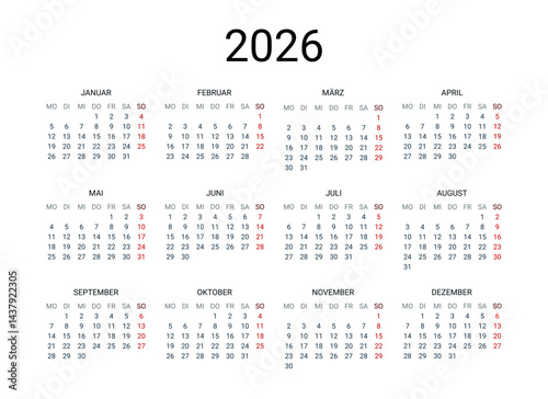 2026 year German calendar in German language. Classical, minimalistic, simple design. White background. Vector Illustration. Week starts from Monday.