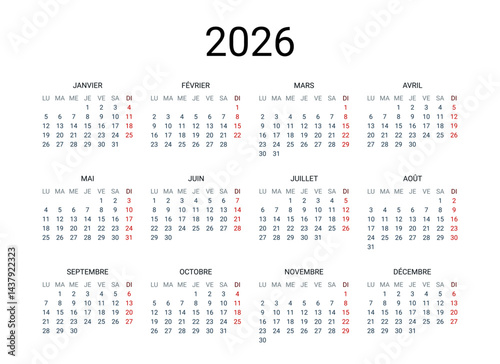 2026 year French calendar in French language. Classical, minimalistic, simple design. White background. Vector Illustration. Week starts from Monday.