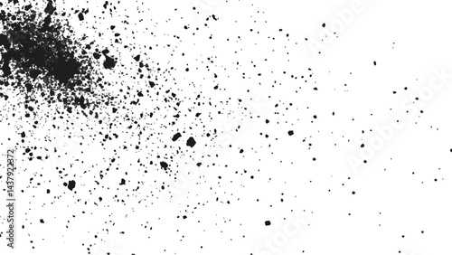 Dirt dust texture isolated on white background, top view. Black dust with effect fragments explosion isolated on white background and texture, 