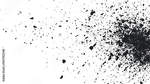 Dirt dust texture isolated on white background, top view. Black dust with effect fragments explosion isolated on white background and texture, 