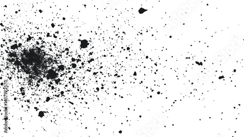 Dirt dust texture isolated on white background, top view. Black dust with effect fragments explosion isolated on white background and texture, 