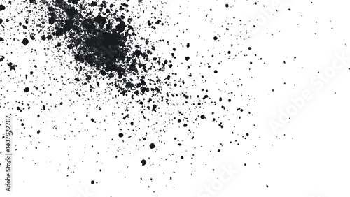 Dirt dust texture isolated on white background, top view. Black dust with effect fragments explosion isolated on white background and texture, 
