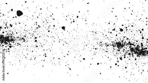 Dirt dust texture isolated on white background, top view. Black dust with effect fragments explosion isolated on white background and texture, 