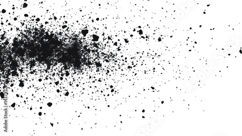 Dirt dust texture isolated on white background, top view. Black dust with effect fragments explosion isolated on white background and texture, 