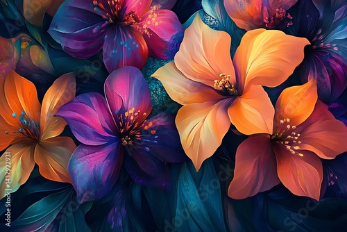 A vibrant and richly detailed painting of blooming flowers, featuring multicolored chrysanthemums, lush greenery, and a lively, colorful background.