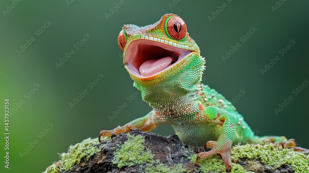 Fototapeta premium Gecko Yawning Jungle Mossy Log