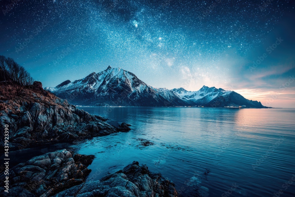 Obraz premium Night sky over snowy mountains and sea