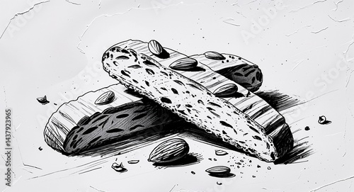 Almond biscotti dessert food design in sketch hand drawing black and white on plain white background
