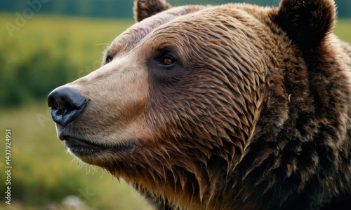A close-up view of a brown bear standing in a grassy field, looking directly at the camera