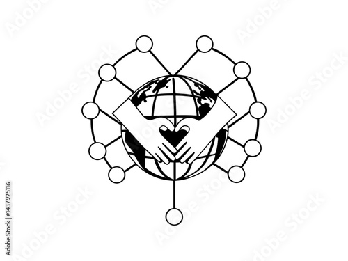 Global Unity: Hands Holding Earth, Symbolizing Connection, A stylized graphic of the Earth encircled by connected hands, forming a heart.  global issues, Earth, planet, hands, heart, connection, coll 