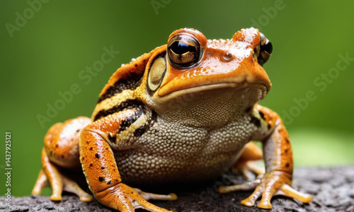 A close-up shot of a frog sitting on a rock, its green skin and eyes prominent