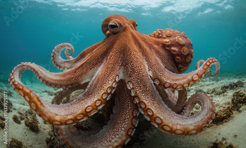 A lone octopus swims in the ocean