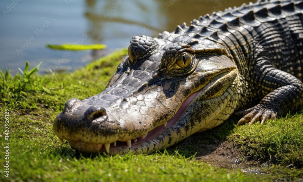 Fototapeta premium A close-up shot of an alligator resting on grass, offering a unique perspective on this reptile