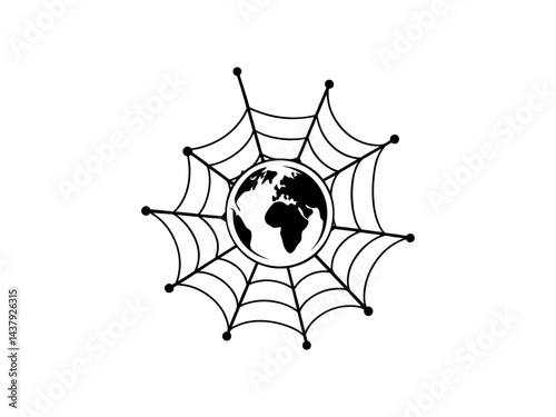 Global Web Earth Entangled in a Spiderweb Graphic, A stylized graphic depicts the Earth centered within a spiderweb design, suggesting interconnectedness and global reach. technology, communication, d