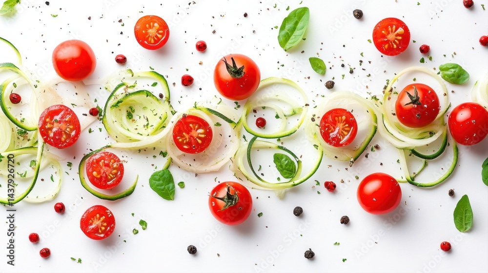 Fresh Vegetables and Cherry Tomatoes on White Surface with Herbs and Spices for Healthy Cooking and Nutrition Fresh Vegetables and Cherry Tomatoes on White Surface with Herbs and Spices for Healthy Cooking and Nutrition
