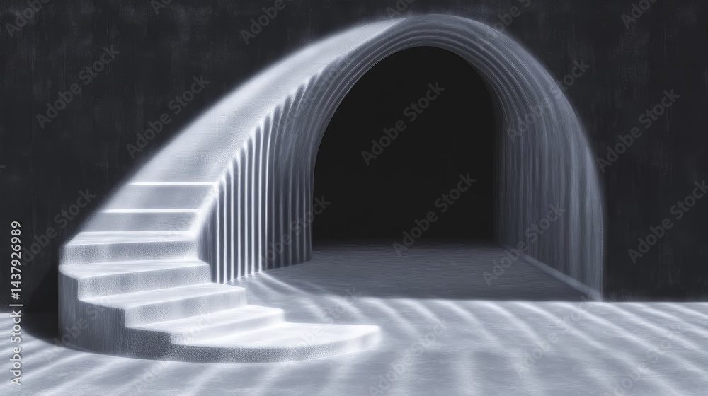 Obraz premium Abstract architectural stairway leading to a dark archway. A smooth, flowing design in light gray stone or concrete, against a dark background. An ethereal, dreamlike quality with subtle shadows,