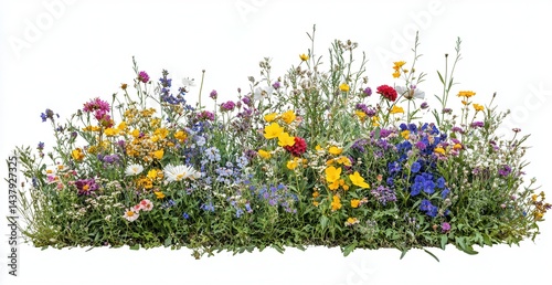 Vibrant wildflower meadow.  A dense patch of colorful wildflowers in various shades of red, yellow, blue, and purple, flourishing amidst green foliage