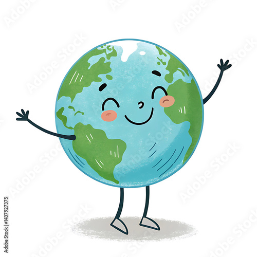 Adorable Cartoon Earth Globe Character with Cheerful Face, Waving Arm, and Playful Design on a White Background  
