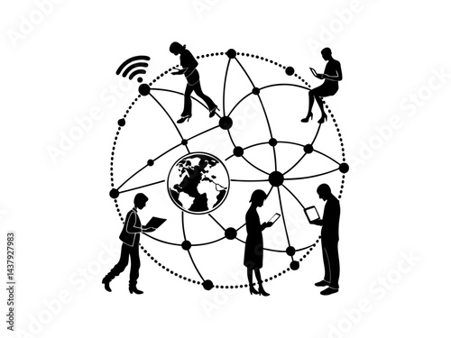 Global Connectivity. People Connected Through Technology,  Silhouette illustration of various people interacting digitally on a global network, digital nomads, remote work, technology, network, work.