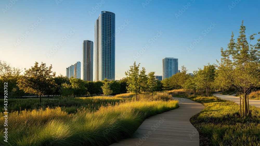 Obraz premium Urban park with modern skyscrapers in the background. A winding boardwalk path meanders through lush greenery
