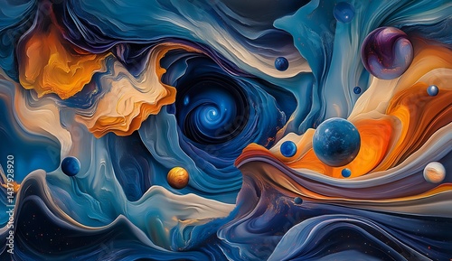 A vibrant swirling vortex of colors and shapes, symbolizing the dynamic energy flow of a black hole, with visible planets and stars being drawn into its gravitational pull.
