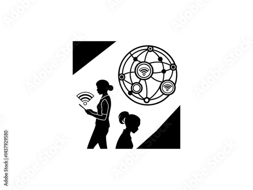 Global Connectivity, Women using technology in a connected world, Silhouette graphic showcasing two women interacting with global technology. tablet, digital, connectivity, business. silhouette, illus
