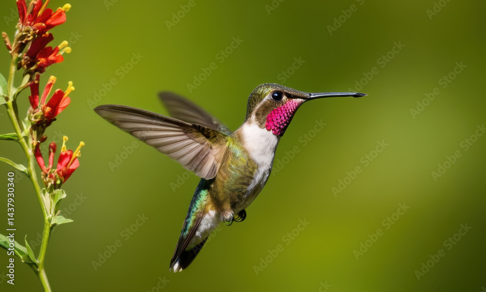 Fototapeta premium A hummingbird flying close to a colorful flower, potential for use in nature and wildlife photography, conservation or education