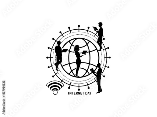 Global Internet Day, People Connected Around the World, A graphic design celebrating Internet Day. Technology, Digital, World, People, Silhouette, Graphic Design, Illustration, Web, Networking.