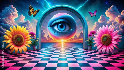 Surreal Dreamscape: Neon Pink & Blue Haunted Sun, Cotton Candy Sky, and Dimensional Arch