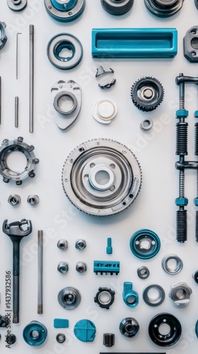 Gray and Blue Metal Parts Assortment on White Background